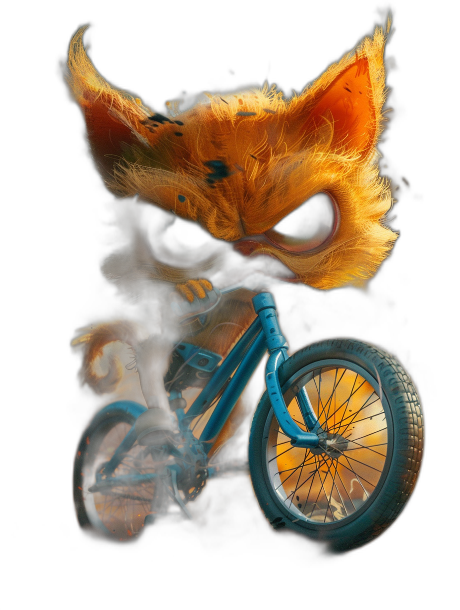 evil cute cartoonish fluffy orange cat with big eyes, riding blue mountain bike on black background, in the style of [Greg Rutkowski](https://goo.gl/search?artist%20Greg%20Rutkowski) and in the style of [Goro Fujita](https://goo.gl/search?artist%20Goro%20Fujita) and in the style of Disney Pixar