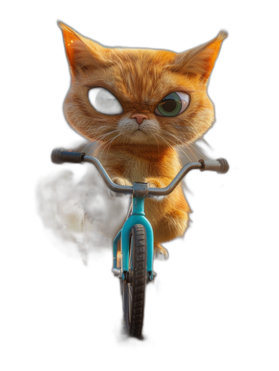 front view of an angry ginger cat with big eyes on the handlebar, riding a blue bicycle against an isolated black background, in the style of Pixar.