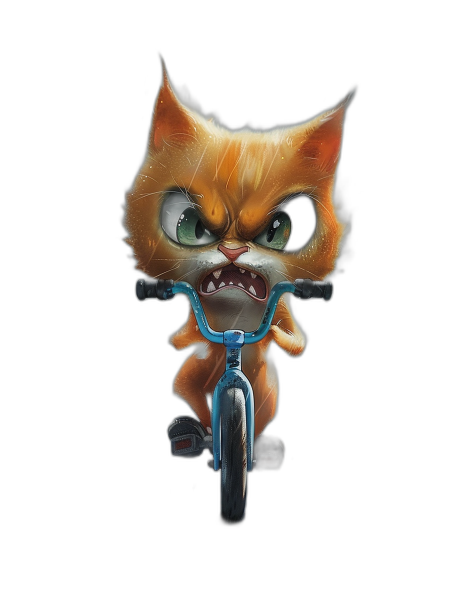 A cute orange cat with big eyes is riding an electric bike, with an angry expression and exaggerated facial features, on a simple black background, in the cartoon style of 2D game art design, shown from the front view at a high resolution, suitable for a T-shirt graphic design.