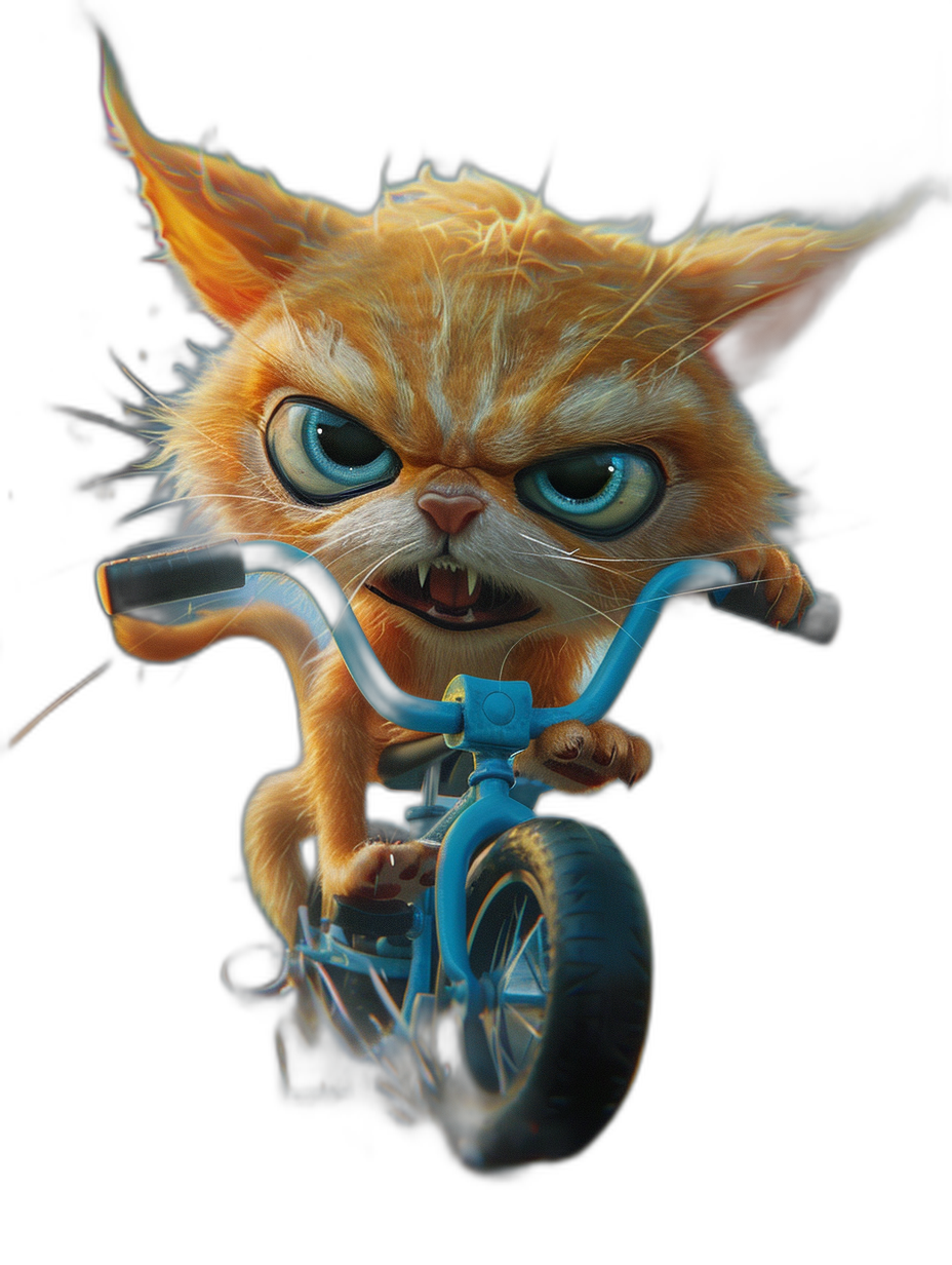 grumpy orange cat with blue eyes riding bicycle, caricature in the style of pixar, black background