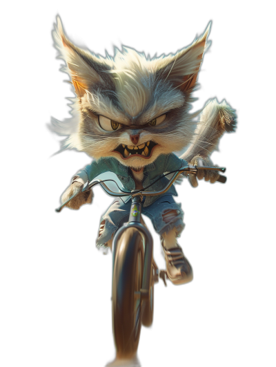 A realistic happy cat riding on a bike, an angry face, character design, concept art for a mobile game, a full body shot, a black background, a fantasy style, detailed fur, detailed eyes, a cartoon illustration, in the style of Pixar Animation Studio, high resolution