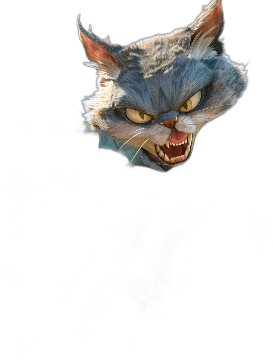 realistic digital illustration of the head and shoulders from above, an angry cat with fangs showing in his mouth is flying through space in the style of, isolated on black background,