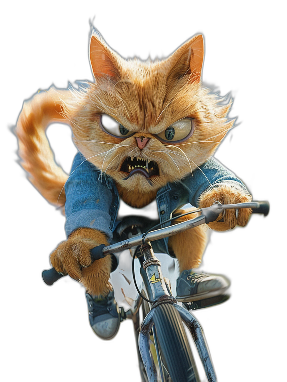 angry cat in a blue shirt and jeans riding a bicycle, in the style of Pixar, cartoon character portrait, black background, very detailed, octane render