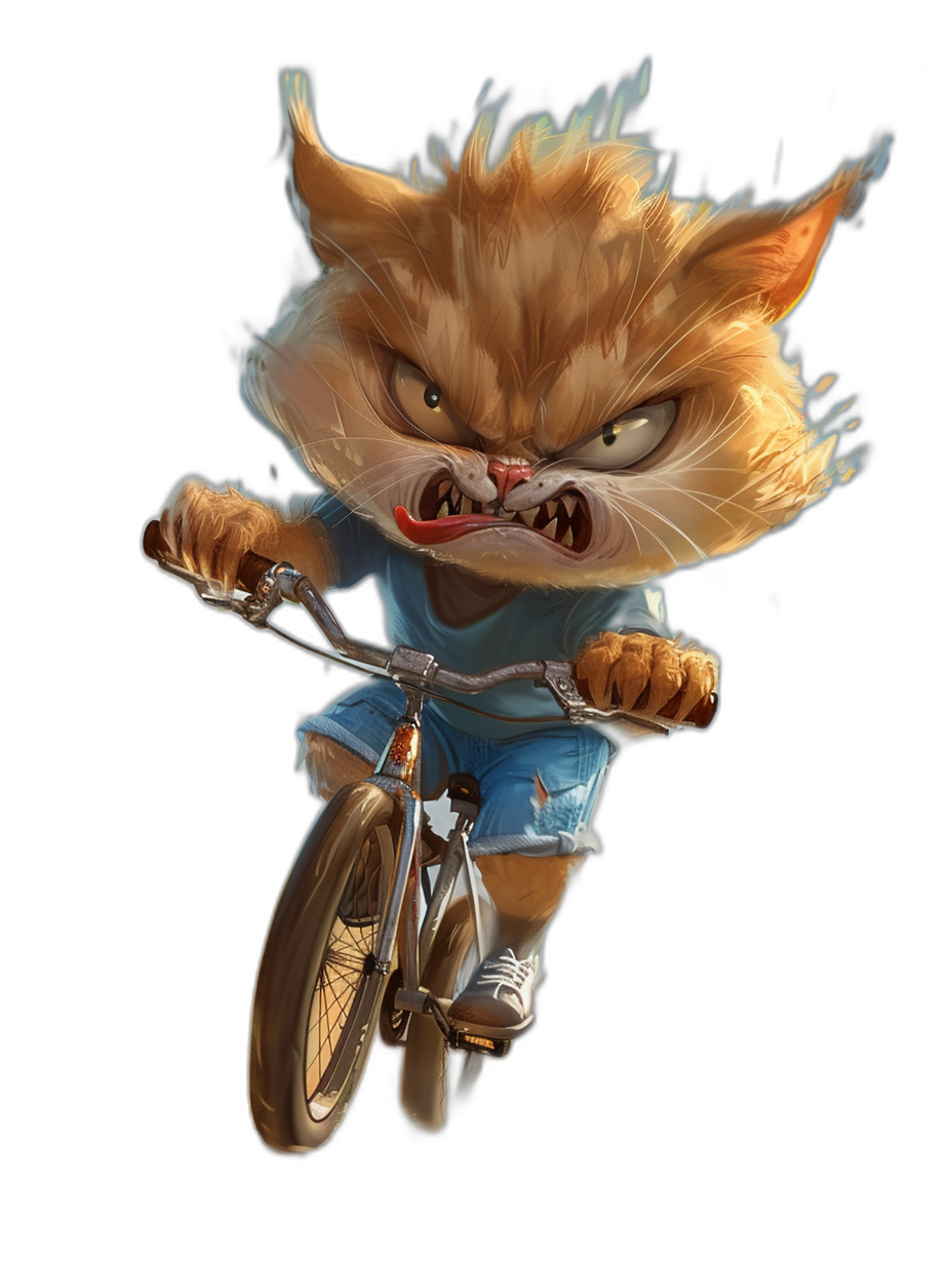 Character design of an angry cat riding a bicycle, wearing blue shorts and a t-shirt, concept art in the style of Pixar, cgsociety, character designing, game art, caricature faces, black background, cartoon face, cartoonish realism, 2D game art