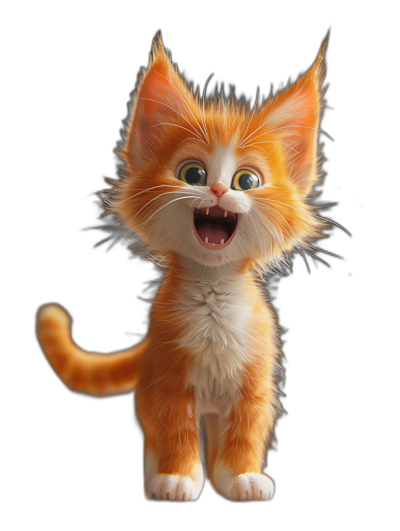 A cute orange and white kitten with a very happy expression standing with posture on a pure black background in the style of Pixar with big eyes and long eyelashes as a high definition wallpaper with 3D rendering and fluffy fur in bright colors at a high resolution.