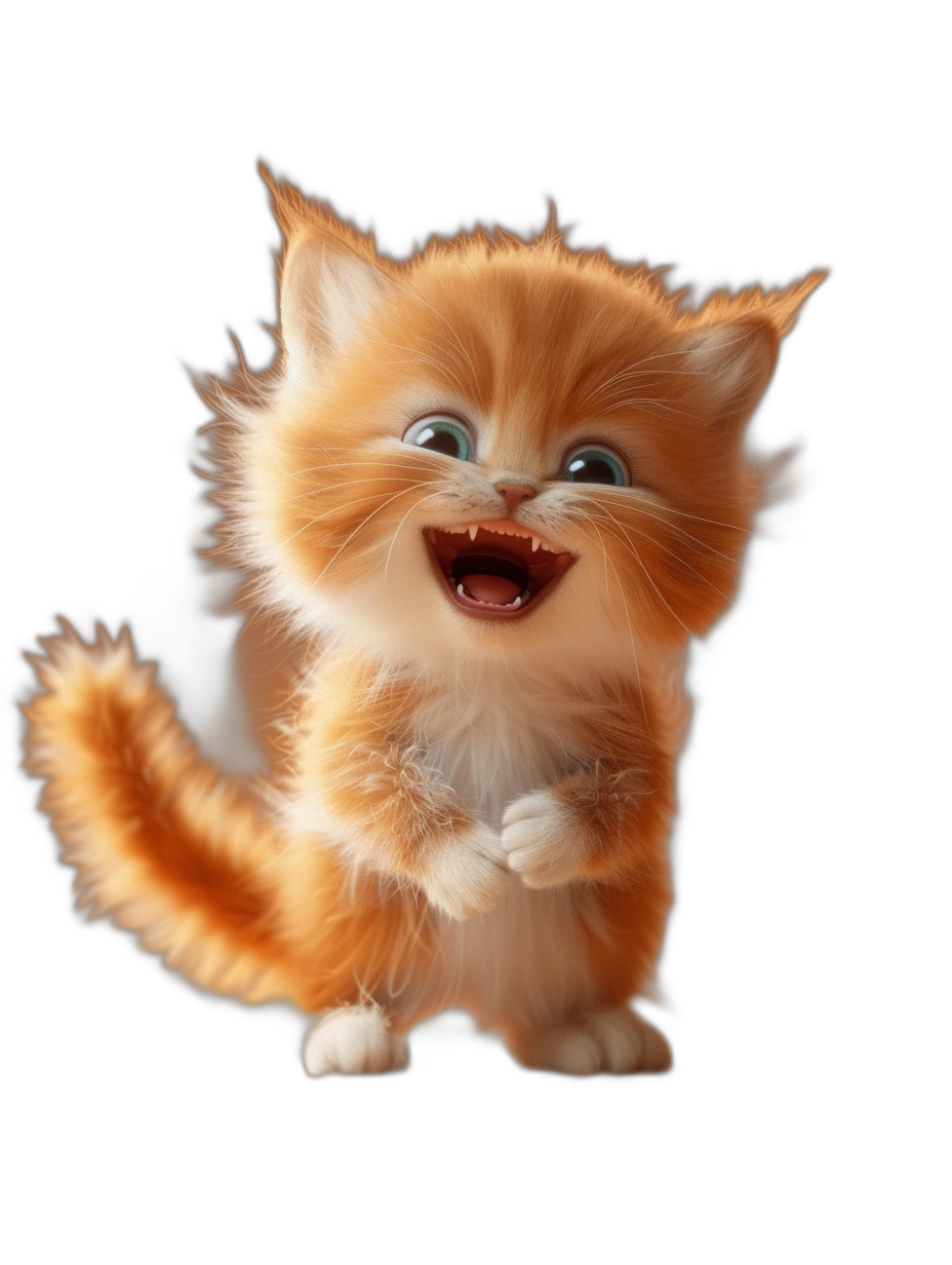 3D render of a happy smiling ginger kitten on a black background, in the style of Disney Pixar, cartoon character concept art