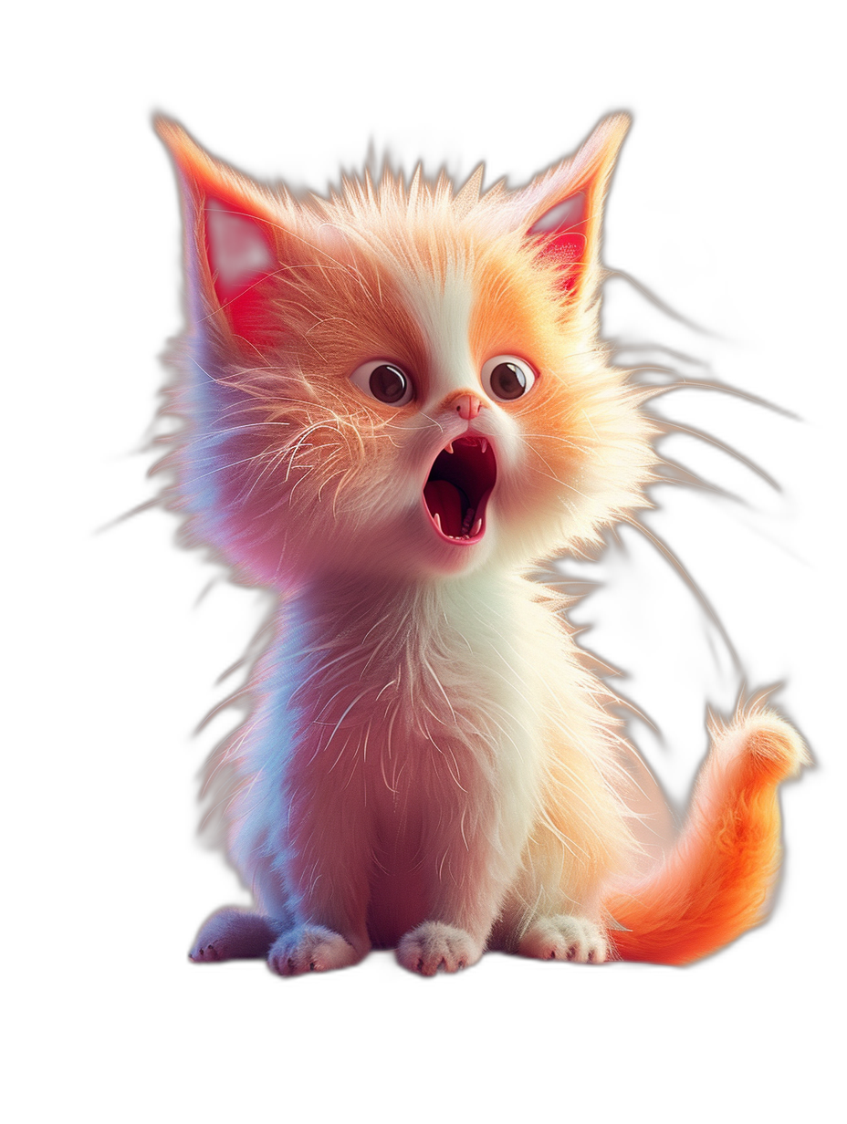 A cute Pixar kitten character, with white and light orange fur, long hair blowing in the wind in front of a black background. Shouting with its mouth open, light pink eyes, a full body shot, cinematic lighting, high resolution, high details, high quality, in the style of Pixar.