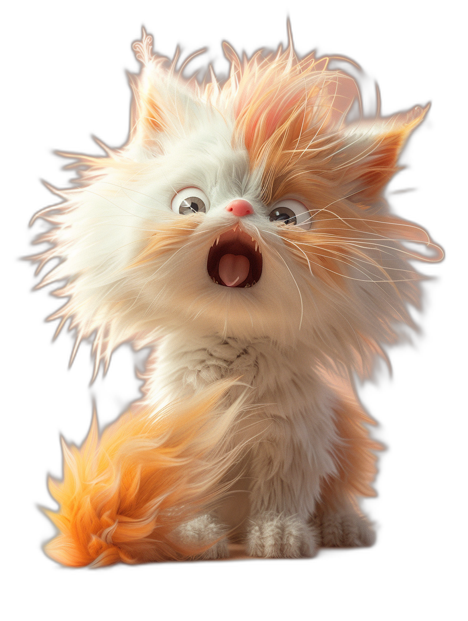 3D render of a cute fluffy white and orange cat with long hair, mouth open in awe. The art is in the style of cute cartoons and Disney Pixar films, with a black background. It appears to be a character design sheet.