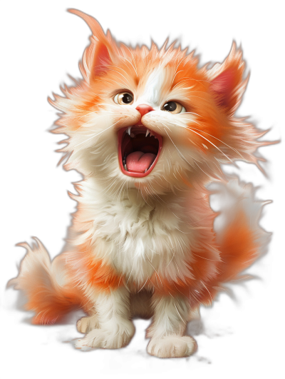 realistic digital illustration of an orange and white kitten howling against a black background, cute full body portrait view showing fluffy fur, long hair, beautiful eyes, mouth open showing teeth, paws outstretched, in the style of Pixar