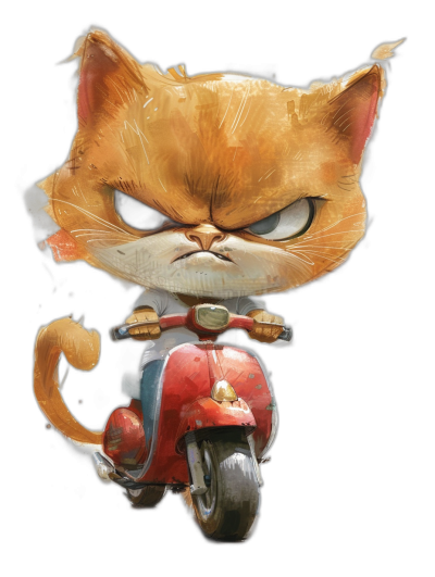 A cute and angry cat character riding on an old red scooter in a cartoon style on a simple drawing with a black background, digital art in the style of Disney Pixar studio, cute and funny character concept for a children's book illustration, front view of the little orange kitten with big expressive eyes sitting on its moped in a portrait view.