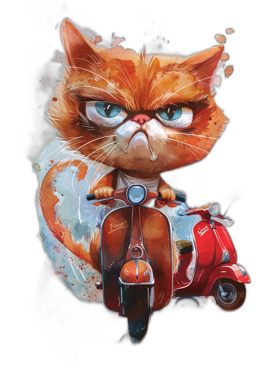 t-shirt design, cute grumpy cat on red vespa scooter, black background, detailed, watercolor, in the style of Pixar