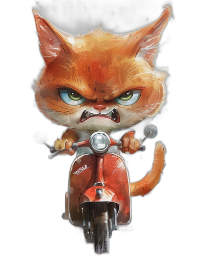 A cute orange cat with an angry expression rides on the front of a Vespa, with character design in the style of [Tiago Hoisel](https://goo.gl/search?artist%20Tiago%20Hoisel), in a caricature-like, playful style, as a full body illustration, on a black background, in an illustration style.