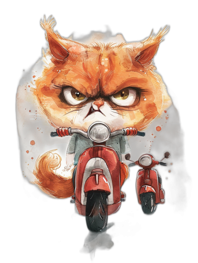 t-shirt design, cute chibi cat on red vespa scooter with an angry expression and big eyes, full body view, detailed background elements, watercolor style, black background