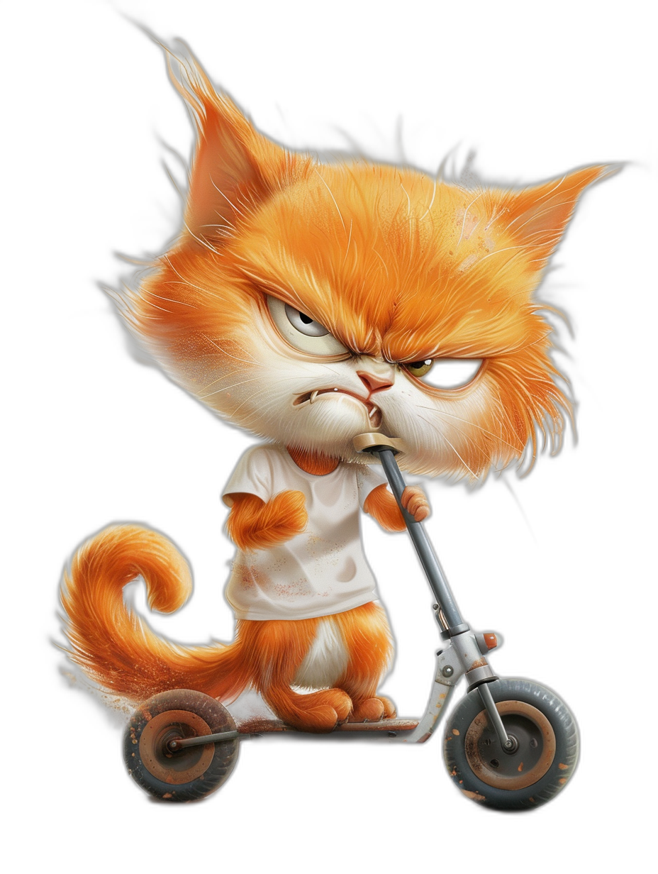 grumpy orange cat in white t-shirt on scooter, cartoon style, black background, high quality render