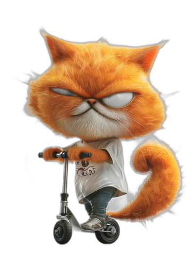 A cute orange cat, wearing a white T-shirt and jeans, riding a scooter with an angry facial expression, on a black background, in a full body portrait, in the style of Pixar, with 3D rendering, in high definition, full of details, at a high resolution, like a cartoon character.