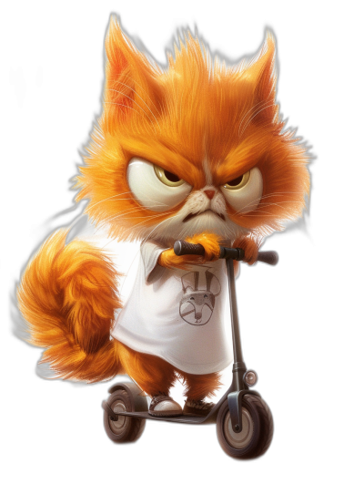 grumpy orange cat in a white t-shirt on a scooter, in a cartoon style, on a black background, with a detailed character design, concept art in the style of Pixar, cgsociety, with pixar quality