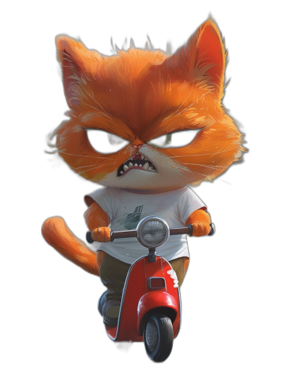 A cute orange cat with an angry expression, wearing a white T-shirt and brown shorts with an evil face riding on a red scooter against a black background, in the style of Pixar with character design, black eyes, and high definition details.