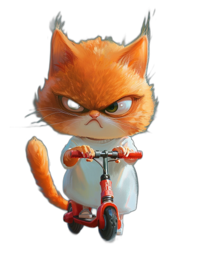 A cute red cat wearing a white t-shirt and riding a scooter, with an angry face, on a black background, in a full body portrait in the style of Pixar.