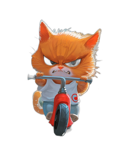 grumpy orange cat cartoon character riding red scooter, wearing white t-shirt with blue logo, black background, digital art in the style of [Artgerm](https://goo.gl/search?artist%20Artgerm) and in the style of [Atey Ghailan](https://goo.gl/search?artist%20Atey%20Ghailan), in the style of [Frank Cho](https://goo.gl/search?artist%20Frank%20Cho), manga style