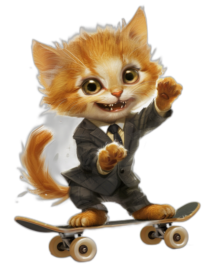 smiling happy cute little orange cat in suit, riding on a skateboard, in the style of [Tiago Hoisel](https://goo.gl/search?artist%20Tiago%20Hoisel), caricature-like, playful caricatures isolated on a black background clipart