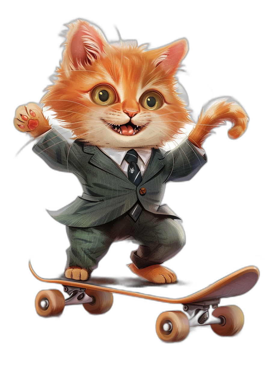 digital art of a cute and happy kitten wearing a business suit, riding on a skateboard against a black background, in the style of romantic academia.