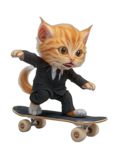 Cute cat in a suit riding on a skateboard, with an isolated black background, in the photorealistic style.