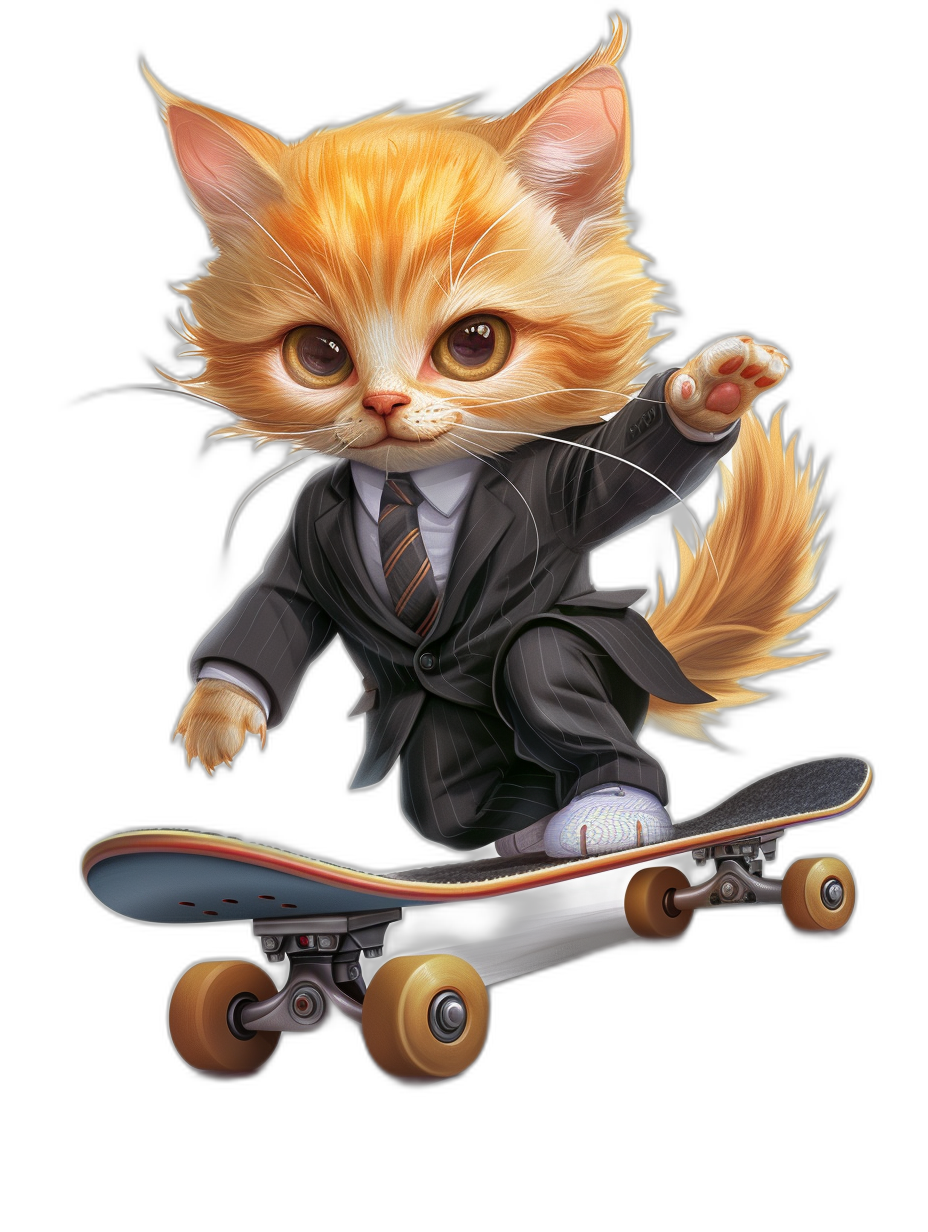 digital art of cute kitten , wear suit and tie, riding on skateboard , black background, big eyes , lovely cat , fluffy tail