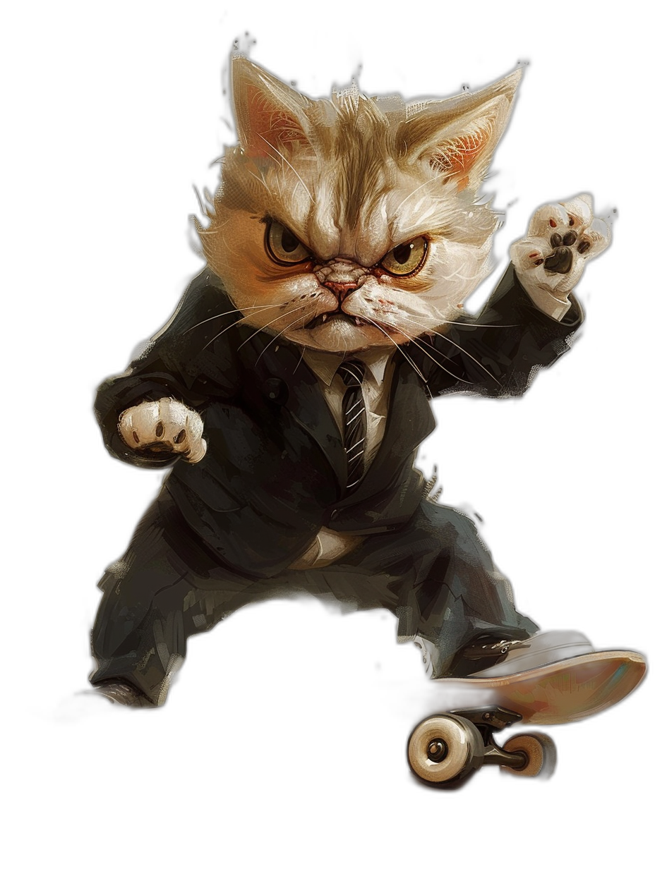 realistic digital illustration of an angry cat in suit and tie, riding on skateboard, black background, full body portrait view