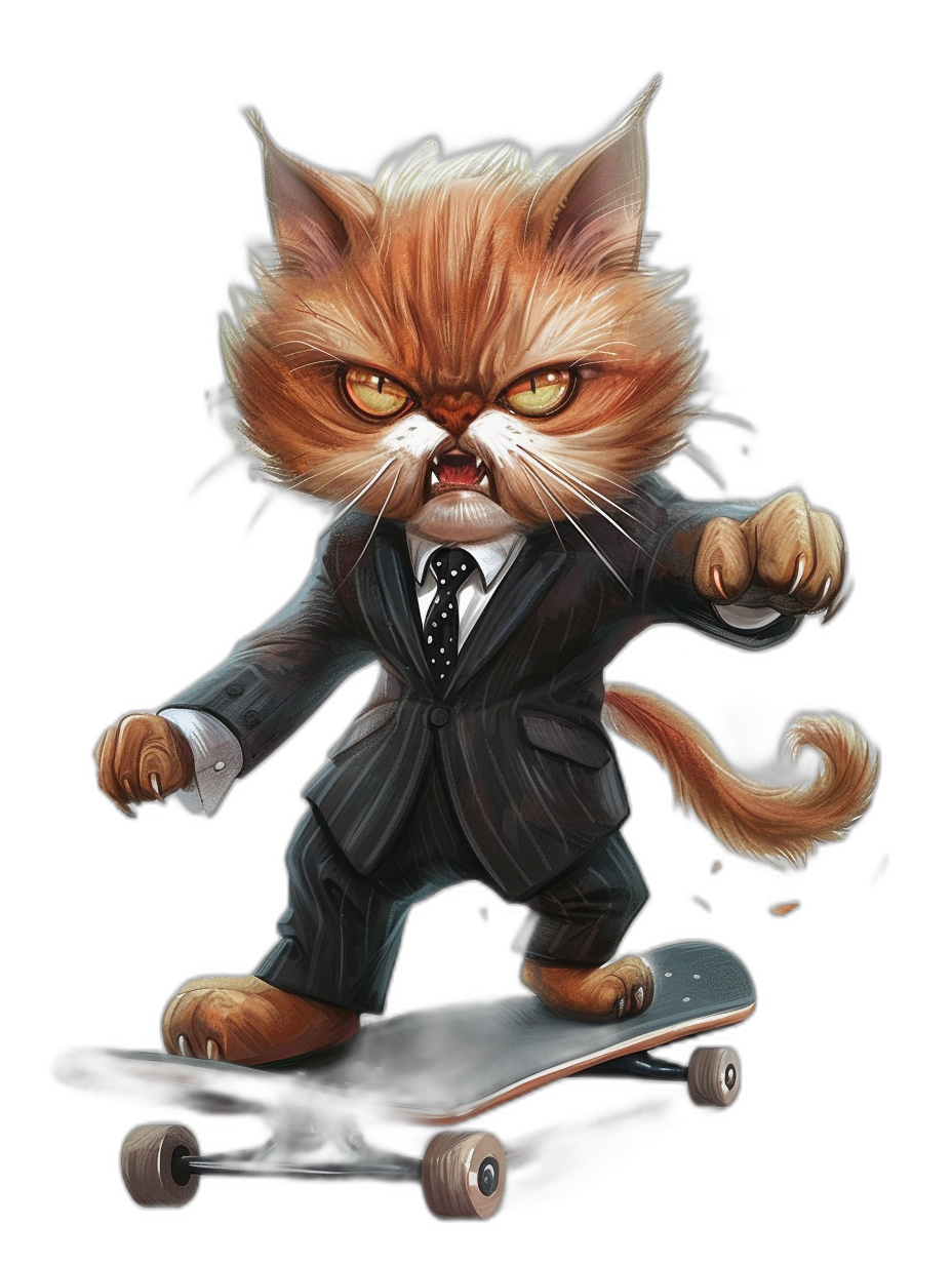 a realistic digital illustration of an angry ginger cat in suit riding on skateboard, black background, t-shirt design style