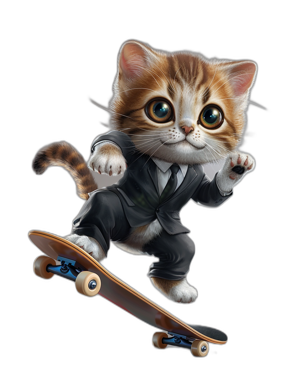 digital art of cute kitten , wear suit, skating on skateboard black background