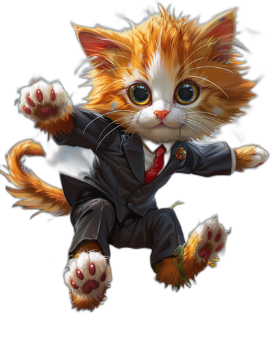 digital art of cute kitten in suit , jumping on black background, fluffy fur , big eyes , lovely and funny