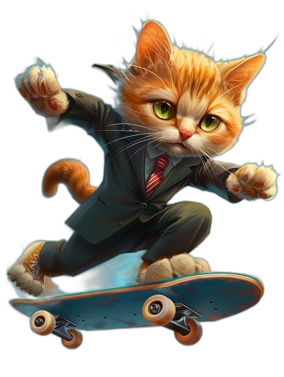 A ginger cat in a suit and tie riding on top of a skateboard, in a cartoon style, on a black background, as a funny cute kitten character design, as digital art in the style of [Tiago Hoisel](https://goo.gl/search?artist%20Tiago%20Hoisel), in a caricature-like and playful caricaturesque style, as a t-shirt print graphic.