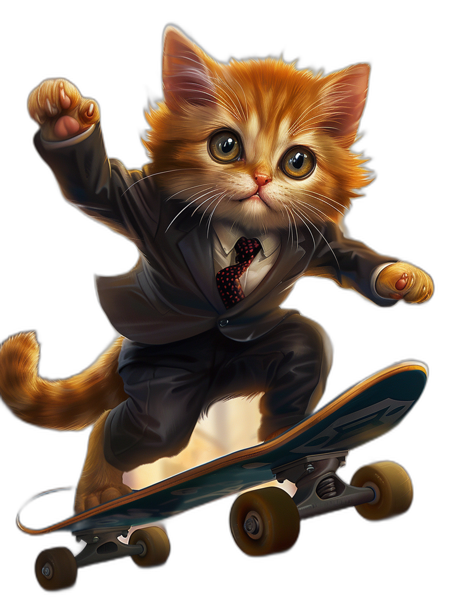 Cute cat in suit and tie riding on skateboard, vector illustration in the style of [Artgerm](https://goo.gl/search?artist%20Artgerm), digital art on black background, highly detailed, highly realistic, t-shirt design, high resolution, high quality