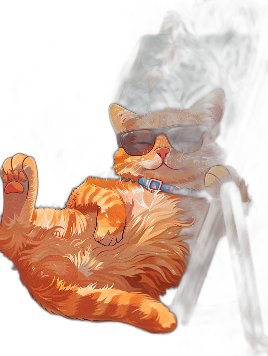 digital art of a cute and fat orange cat, wearing sunglasses, lying on a chair with a black background in a chill out pose, in the style of lofi art.