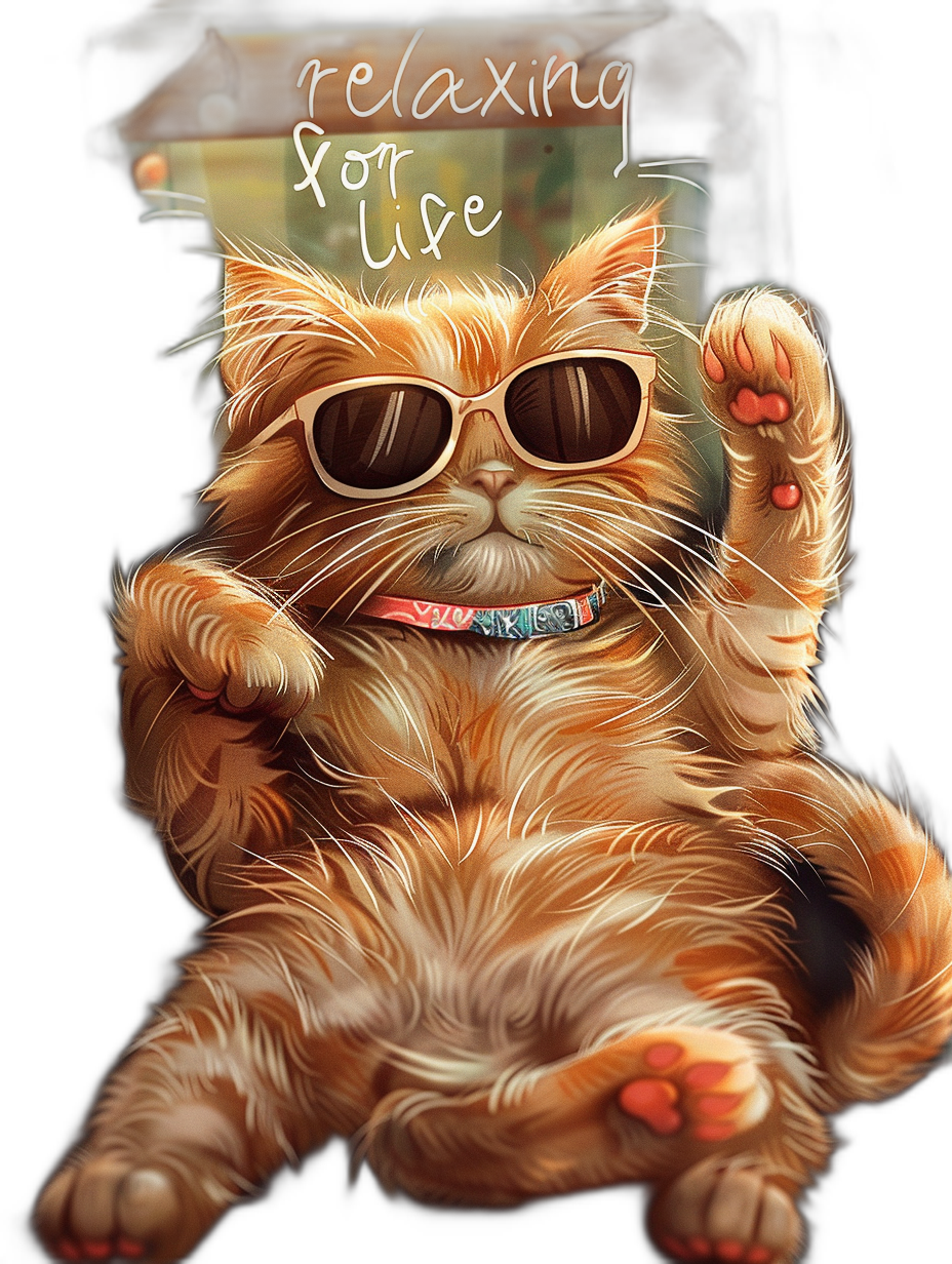 digital art of a cool and fat orange cat wearing sunglasses. The text “relaxing for life” appears on the screen behind him in white cursive letters. The cat has fluffy long fur with a shiny brown color and has its paws up against a black background in a full body shot.