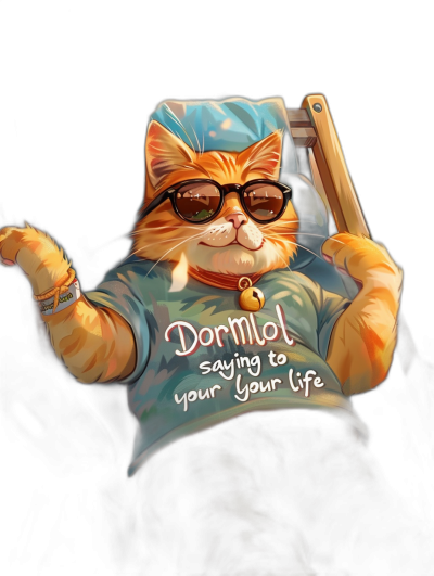 A cat in sunglasses and a t-shirt with the inscription "Dormol gathering your life", holding an iron door, sitting on a chair, in the style of vector illustration, black background, 2d game art, detailed character illustrations, in the style of daz3d, happycore, money themed, text that says "Saying to your lifestyle" in white letters, vibrant academia, eye-catching