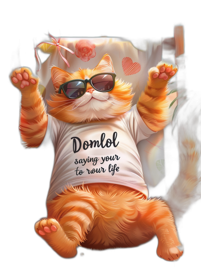 3d vector realistic animation of an orange cat wearing sunglasses and white tshirt with the text " lub domenol saying your life", black background, mockup, fashion design, studio photography