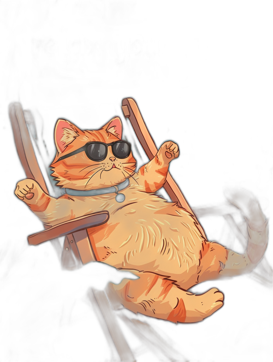 a cute fat orange cat with black sunglasses lounging in an old wooden chair, black background, vector art style, flat design, digital illustration, using procreate and behance hd