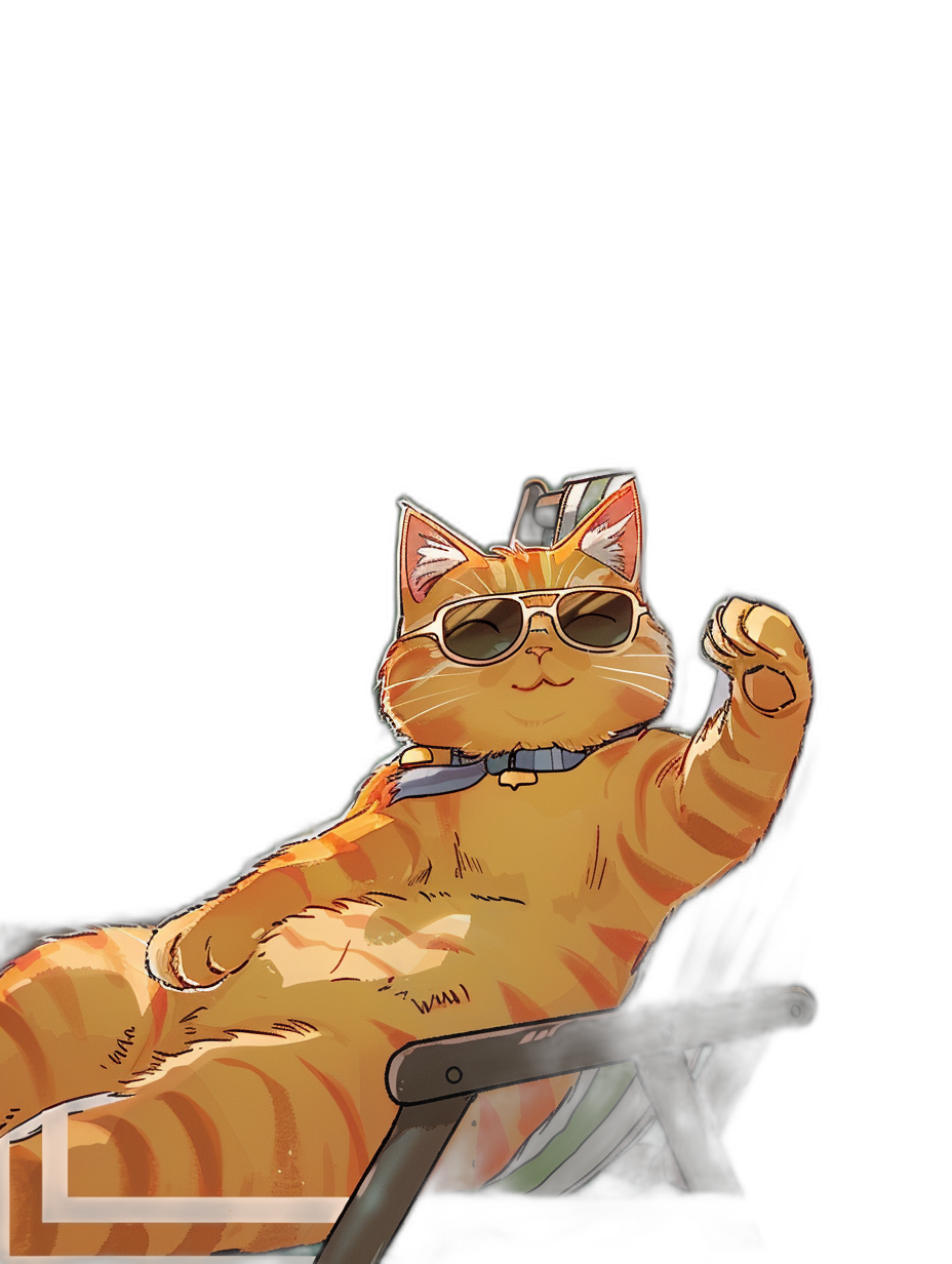 digital art of a cute and fat orange cat, wearing sunglasses, sitting on a black lawn chair with its legs crossed. The background is completely dark, with the light source in front to highlight its form. It has an anime style and is presented from above. It should have bold lines and flat colors. Make it look cool and stylish. The cat holds up its hand for a selfie photo. There is text “L” at the bottom right corner, in the style of an anime artist.