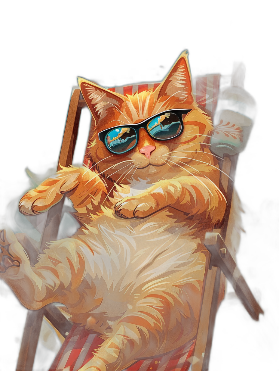 digital art of cool and fat orange cat , wearing sunglasses, sitting on the deck chair with beer in hand , black background, chill vibe , chilling happy expression in digital illustration style