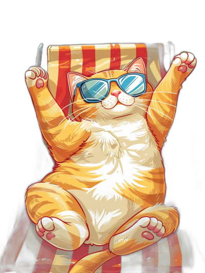 digital art of cute and fat orange cat , wearing sunglasses, sitting on striped sun chair with one leg up , black background , chill smile , cool pose