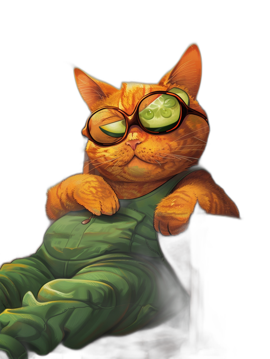 digital art of a fat orange cat wearing glasses and a green overall, sleeping on a chair with one eye open, black background, chill smile expression, cute style, in the style of cyberpunk, green eyes, full body portrait, digital painting, fantasy concept illustration