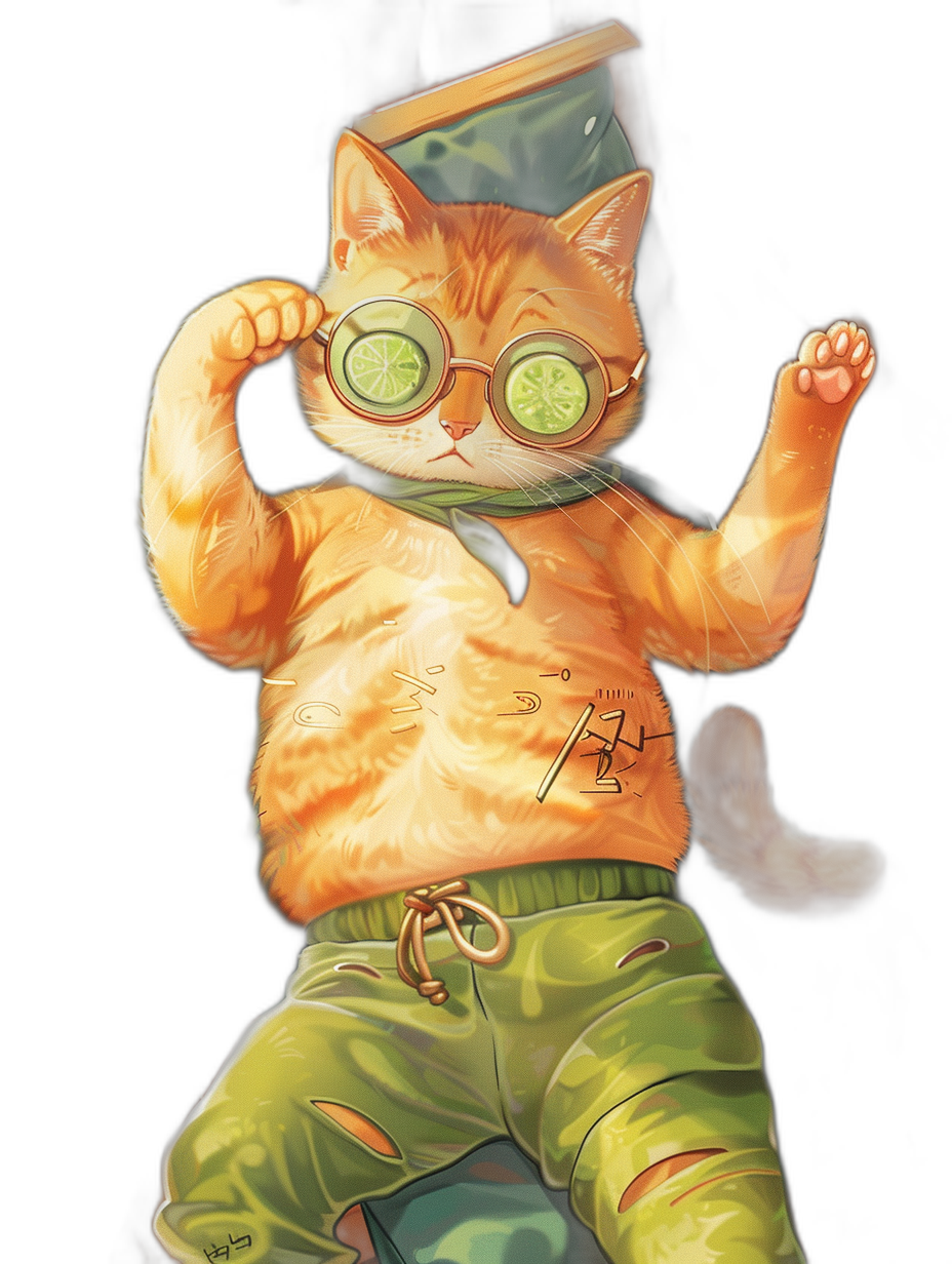 A full body of an orange cat wearing glasses and green pants, doing the wolf pose in a fighting stance, cute, cartoony art style with a black background and an illustration in the style of [Yoshitaka Amano](https://goo.gl/search?artist%20Yoshitaka%20Amano), featured on DeviantArt and ArtStation, high resolution.