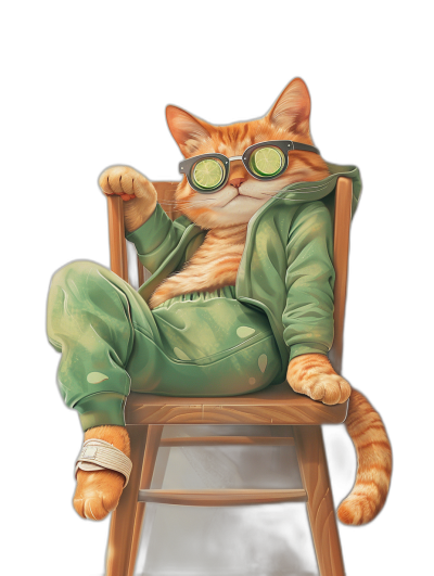 digital art of a cool fat orange cat, wearing a green jacket and pants, sitting on a chair with its legs crossed, sunglasses, black background, a chill out expression, full body.