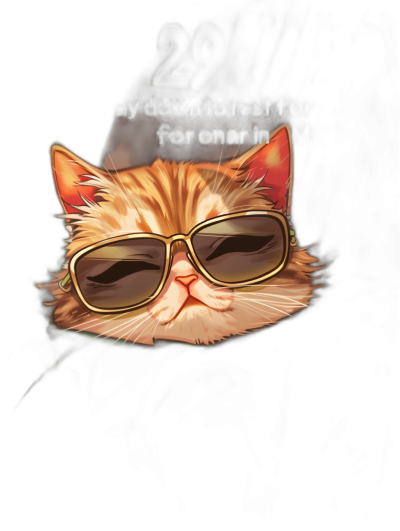 A cute orange cat wearing sunglasses. Written in the background "20 down to rest for one night". Vector illustration with a black background in the style of digital art.