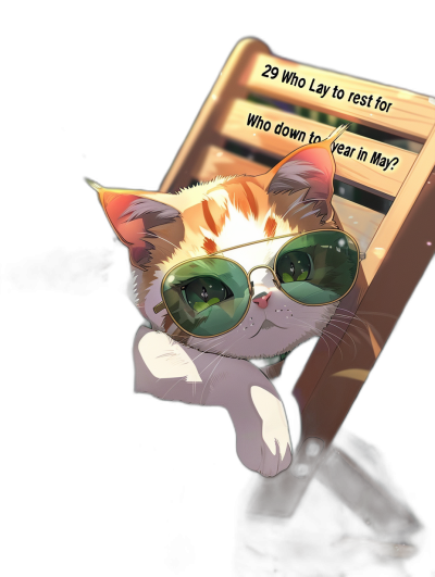 A cute cat wearing sunglasses is lying on a ladder, with the text "29 who lay down to rest for one year in May?" written next to it. The illustration style should be inspired by anime and hand-drawn. It's set against a black background, and the mood of the scene conveys an atmosphere full of mystery.