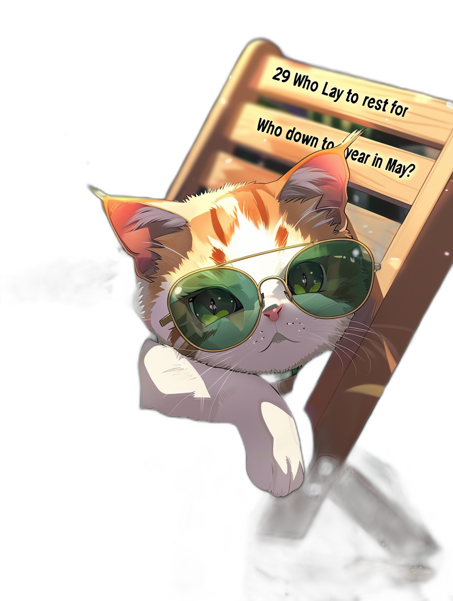 A cute cat wearing sunglasses is lying on a ladder, with the text “29 who lay down to rest for one year in May?” written next to it. The illustration style should be inspired by anime and hand-drawn. It’s set against a black background, and the mood of the scene conveys an atmosphere full of mystery.