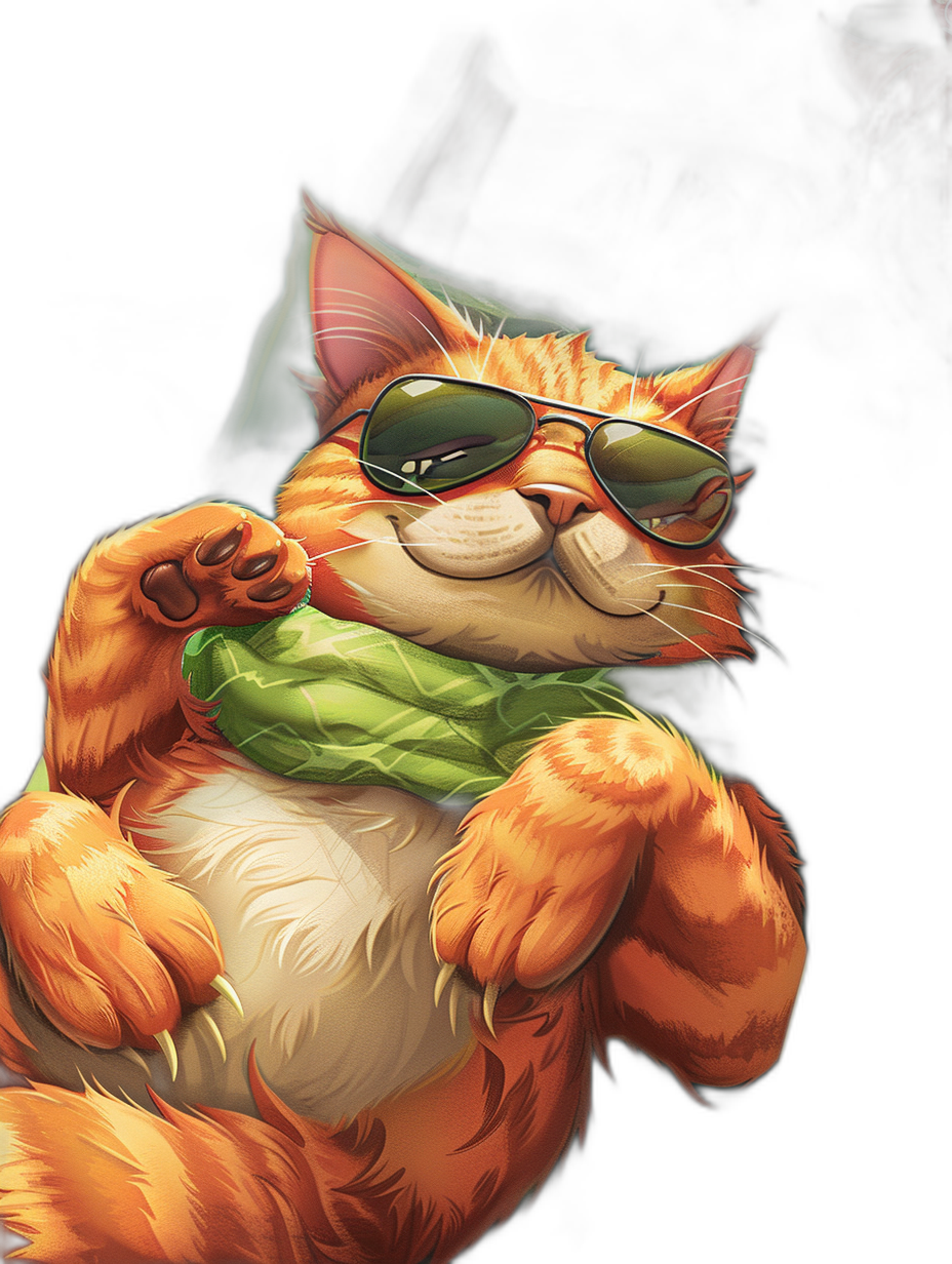 Dota2 game art style, cartoon cat wearing sunglasses and green scarf lying on his back with belly showing, smiling expression, happy mood, cute pet illustration, orange fur color tone, full body portrait, black background, high definition details