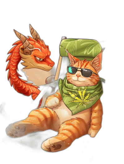 a cartoon drawing of an orange tabby cat wearing sunglasses and green bandana around his neck, sitting on the back off red dragon with black background, smoking weed joint in hand, wearing army hat