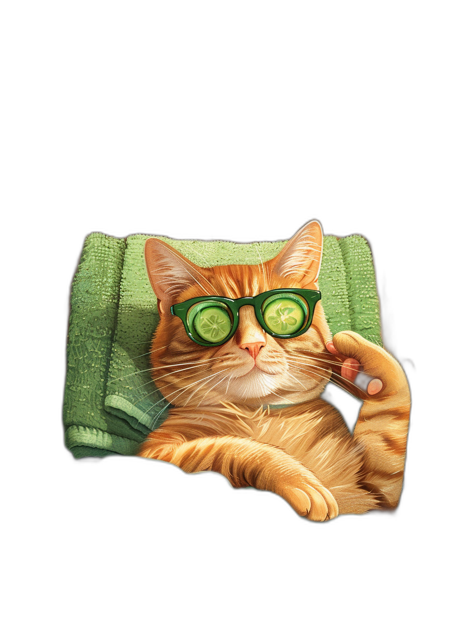 illustration of an orange cat wearing green glasses and cucumber on eyes lying down in the spa with towel, isolated black background, high resolution